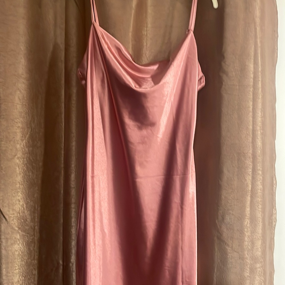 satin cowl neck midi dress with leg slit
